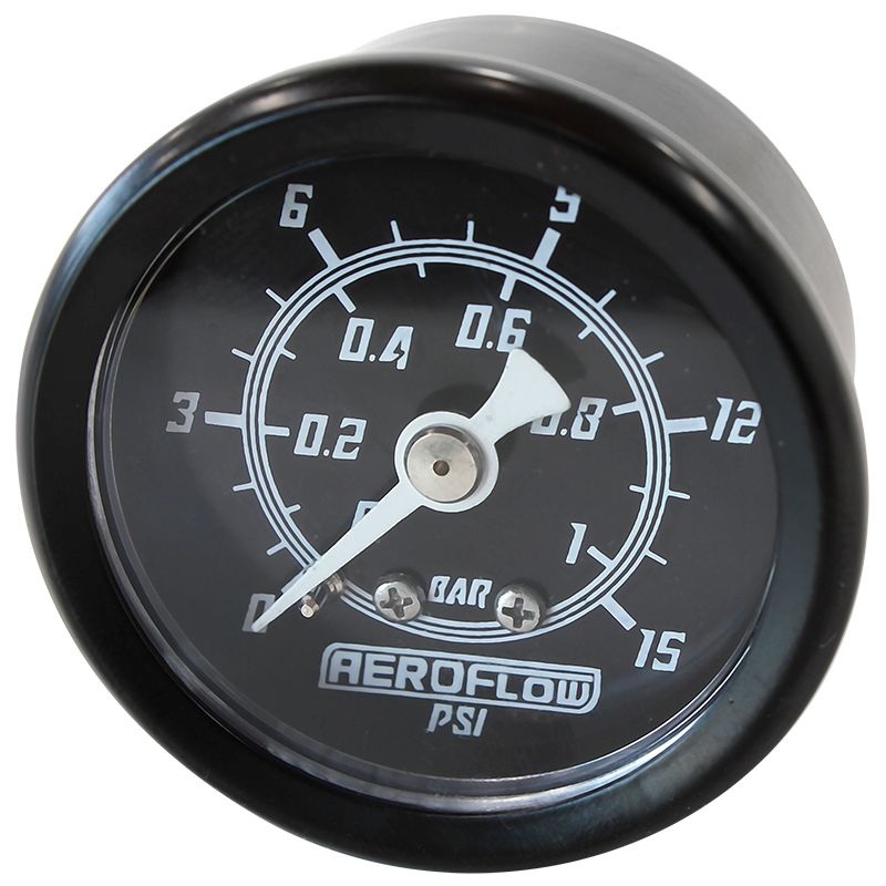 1-1/2 15 psi Pressure Gauge Black Face, White Pointer, 1/8 NPT Male Thread