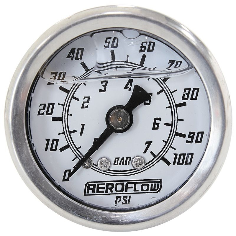 1-1/2 Liquid Filled 100 psi Pressure Gauge White Face, Black Pointer, 1/8 NPT Male Thread