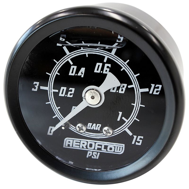 1-1/2 Liquid Filled 15 psi Pressure Gauge Black Face, White Pointer, 1/8 NPT Male Thread