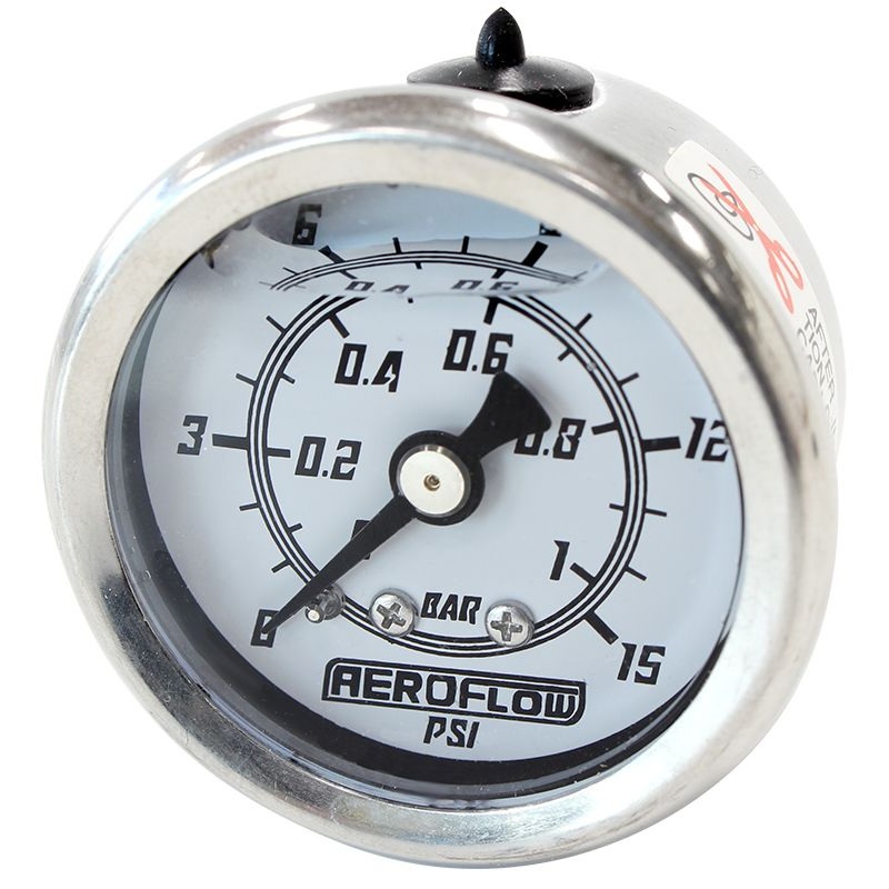 1-1/2 Liquid Filled 15 psi Pressure Gauge White Face, Black Pointer, 1/8 NPT Male Thread
