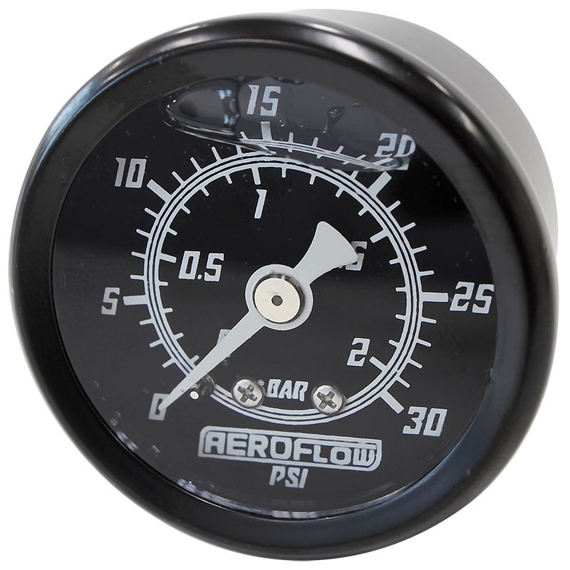 1-1/2 Liquid Filled 30 psi Pressure Gauge Black Face, White Pointer, 1/8 NPT Male Thread