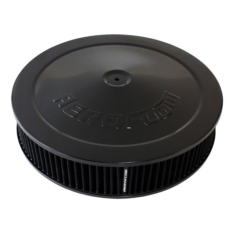 Black Air Filter Assembly 14 x 3, 7-5/16 neck,Flat Base with black washable cotton element